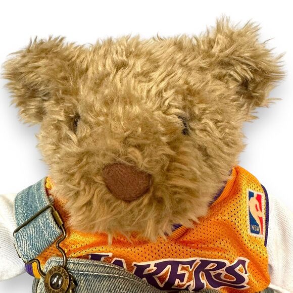 Build A Bear Curly Teddy Bear Brown Paws Vintage Retired Lakers Tank Overall 14" - Picture 2 of 15